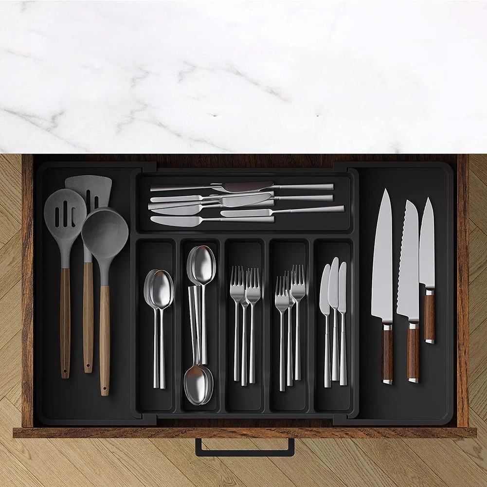 Adjustable Silverware Drawer Organizer with Dividers Flatware Tableware Organizer Expandable Utensil Tray for Spoons Forks Knive