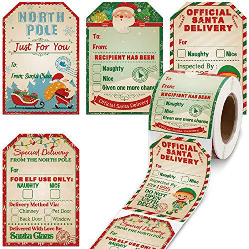 Merry Christmas Gift Tags, Boneco de Neve, Gnome, Alce, Papai Noel, Xmas Tree Stickers, DIY Gift Bags, Caixas, Decoração do feriado Papel, 200 pcs