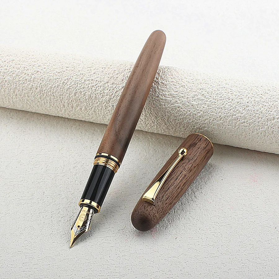 Vintage Handcrafted Walnut Wood Fountain Pen with Canvas Pen Sleeve Luxury Wooden Calligraphy Pen