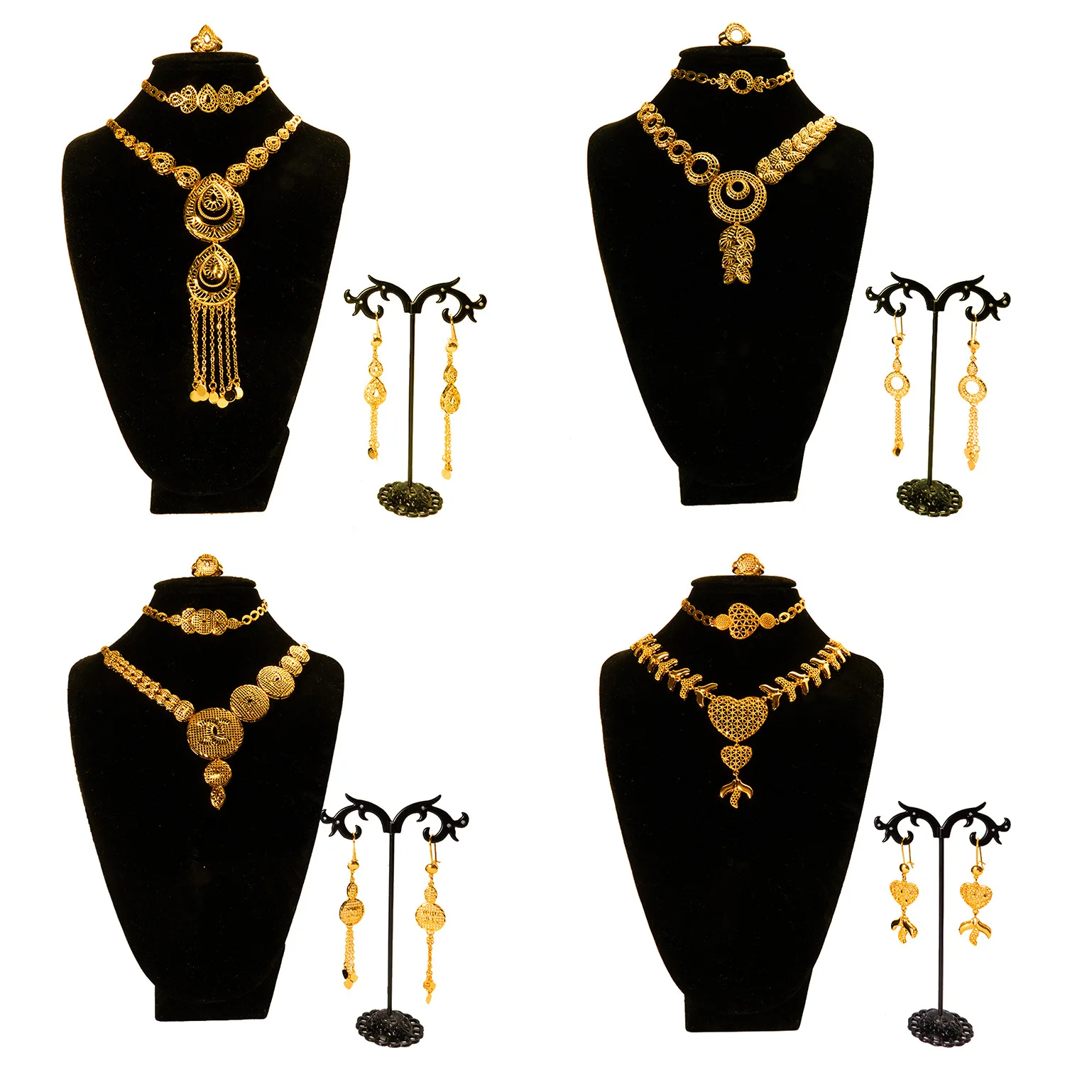 9999 gold four-piece set of Indian Dubai jewelry - necklace, bracelet, ring, earrings - bridal wedding grand jewelry