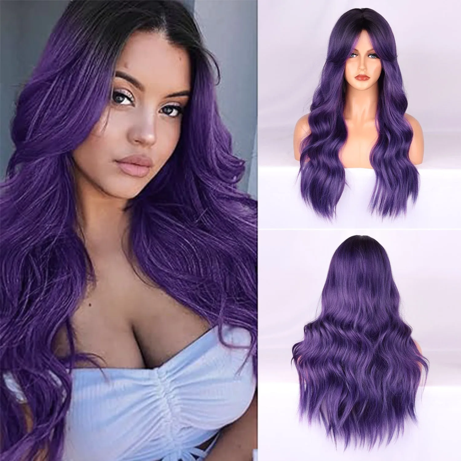 

European and American women's wigs gradually change dream purple high temperature silk long curly hair headgear