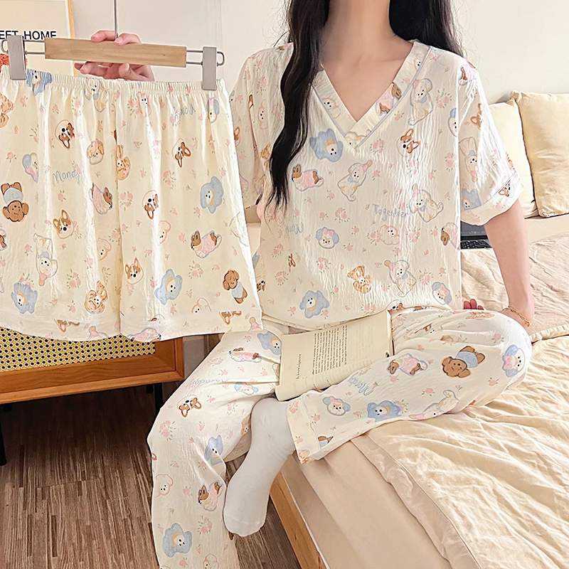 V Neck Three Piece Pajamas Set Summer Short Sleeve Women Sleepwear Suit Cloud Cotton Nightwear Cartoon Sweet Thin Pyjama Female 2