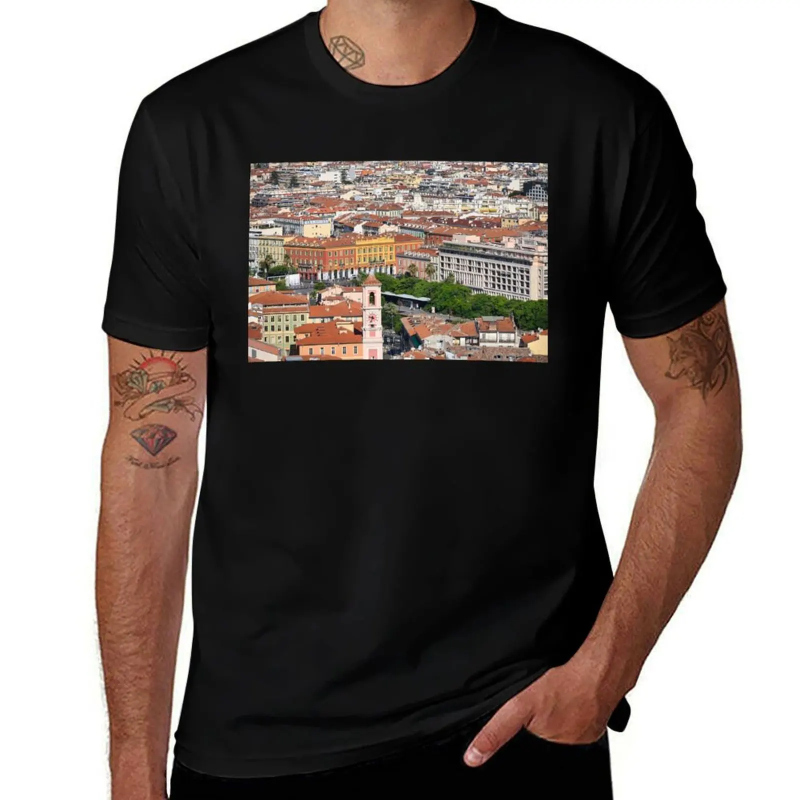 

Church with clock tower,Old town Nice cityscape, France,summertime T-Shirt customs design your own big and tall t shirts for men