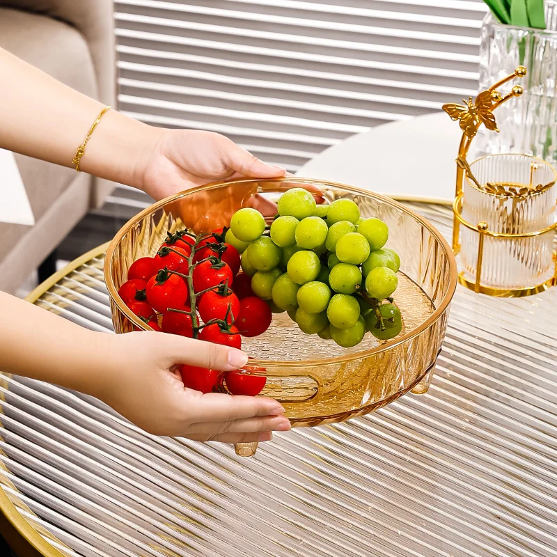 Plastic Round Fruit Plate Gold Edge Amber Storage Tray Green Light Luxury Household Tray Living Room Organizer Snack Plate