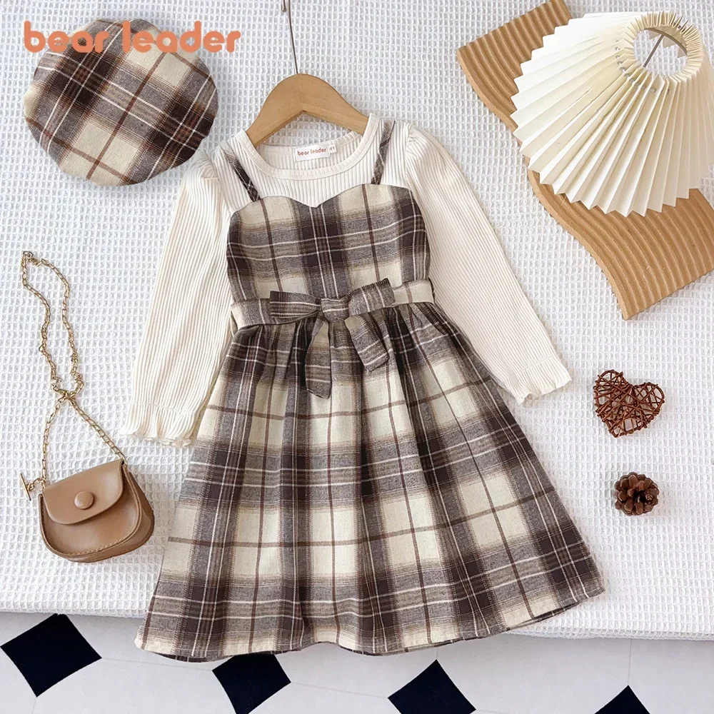Bear Leader Fashion Splicing Fake Two Girls' Clothing 2026 Autumn Khaki Kids Dresses for Girls Plaid Long Sleeved Dress+ Hat