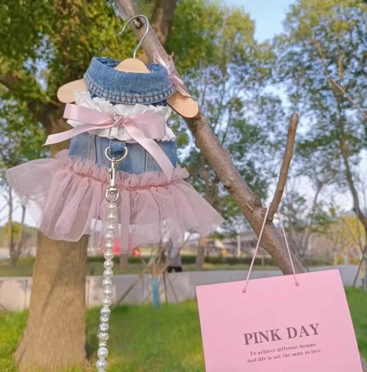 Spring and Autumn New Soft Denim Splicing Lace Ballet Nifty Princess Dress Can Pull The Rope Pet Dog Cat Clothes