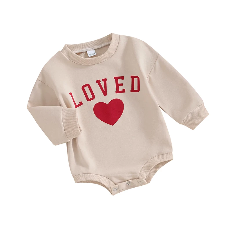 Toddler Baby's Clothes Girls Valentine's Day Romper Beige Long Sleeve Crew Neck Heart Letter Print Romper Children's Clothing