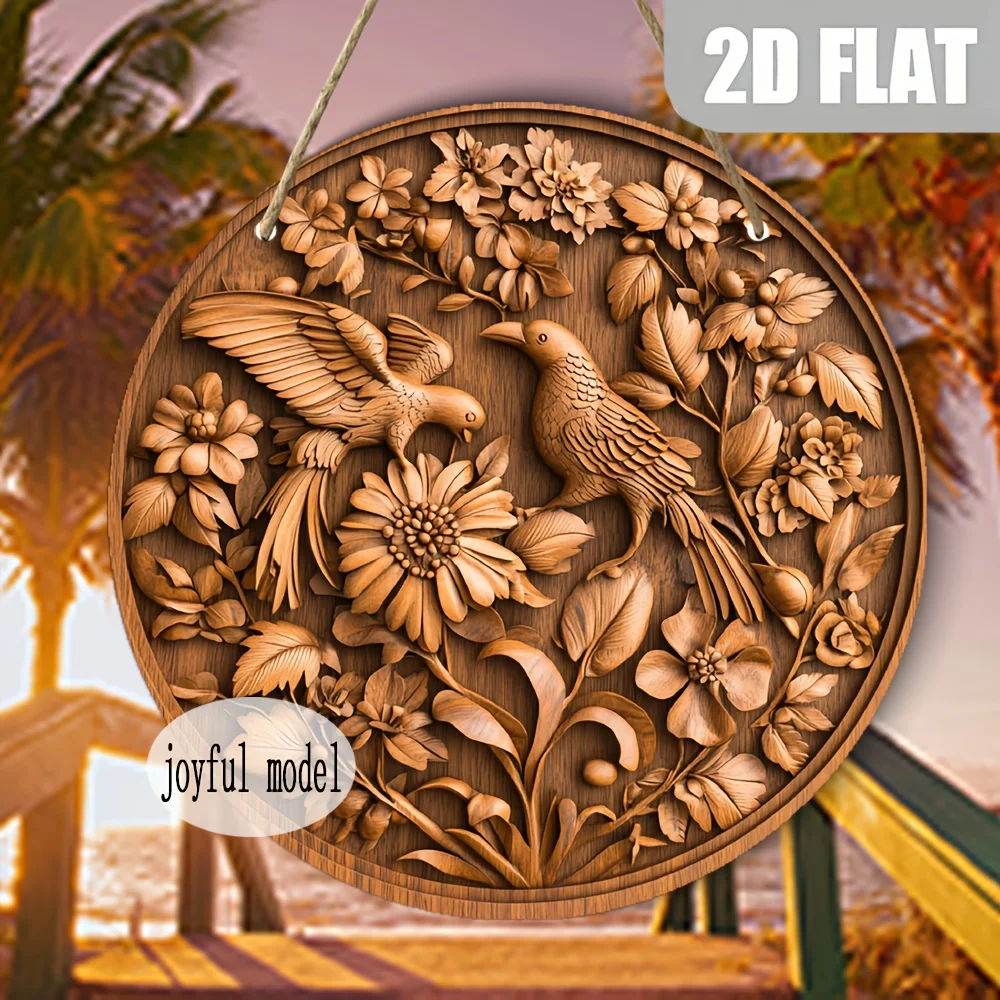 2D Flat, 1pc Rustic Country Style Wooden Circular Wall Art - Hand-Carved Bird & Floral Design, 20.32x20.32 cm Recycled Artificia