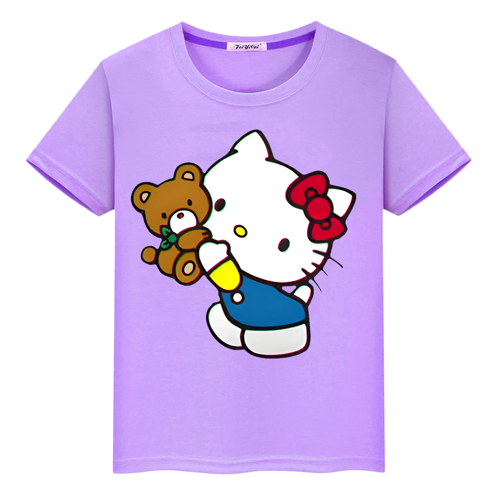 

hello kitty Print 100%Cotton Cartoon T-shirt Summer Cute Short Tops Anime Tees boys clothes y2k one piece kids clothes girl gift