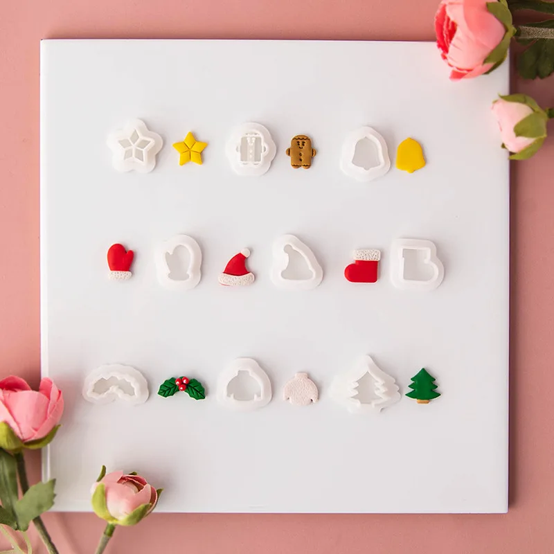 10Pcs/set Christmas Mini Clay Earring Cutters Gingerbread Man Socks Hat Sweater Gloves Tree Holly Leaf Shaped Dangle Clay Molds