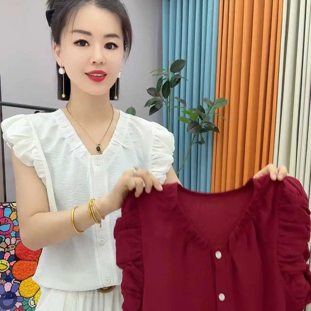 Fashionable Pleated Slimming Summer T-Shirt Trendy Elegant Versatile Polyester Fiber Short Sleeve V-Neck Open Cardigan Style