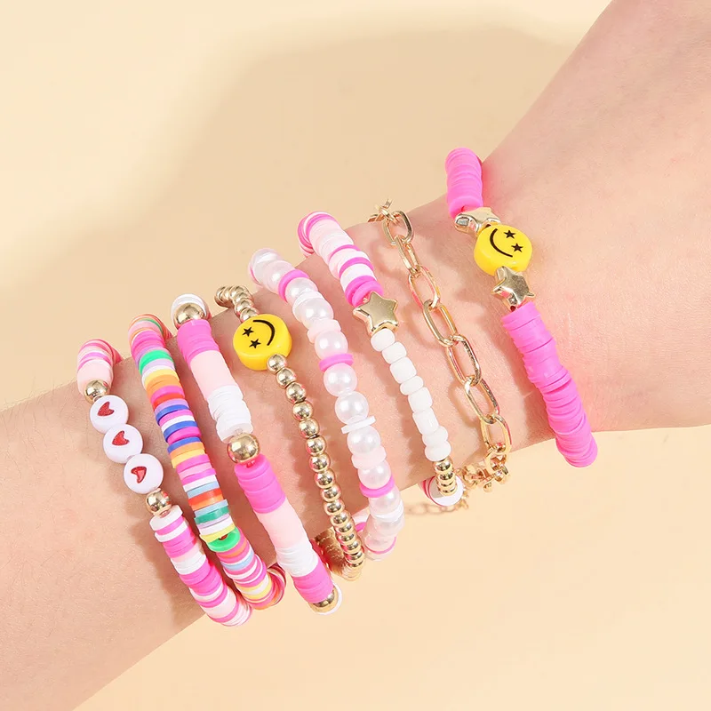 Korean Style Fashion New Multi-Layer Filament Polymer Clay Love Smiling Face Bracelet Suit Retro Handmade Pearl Bracelet Women