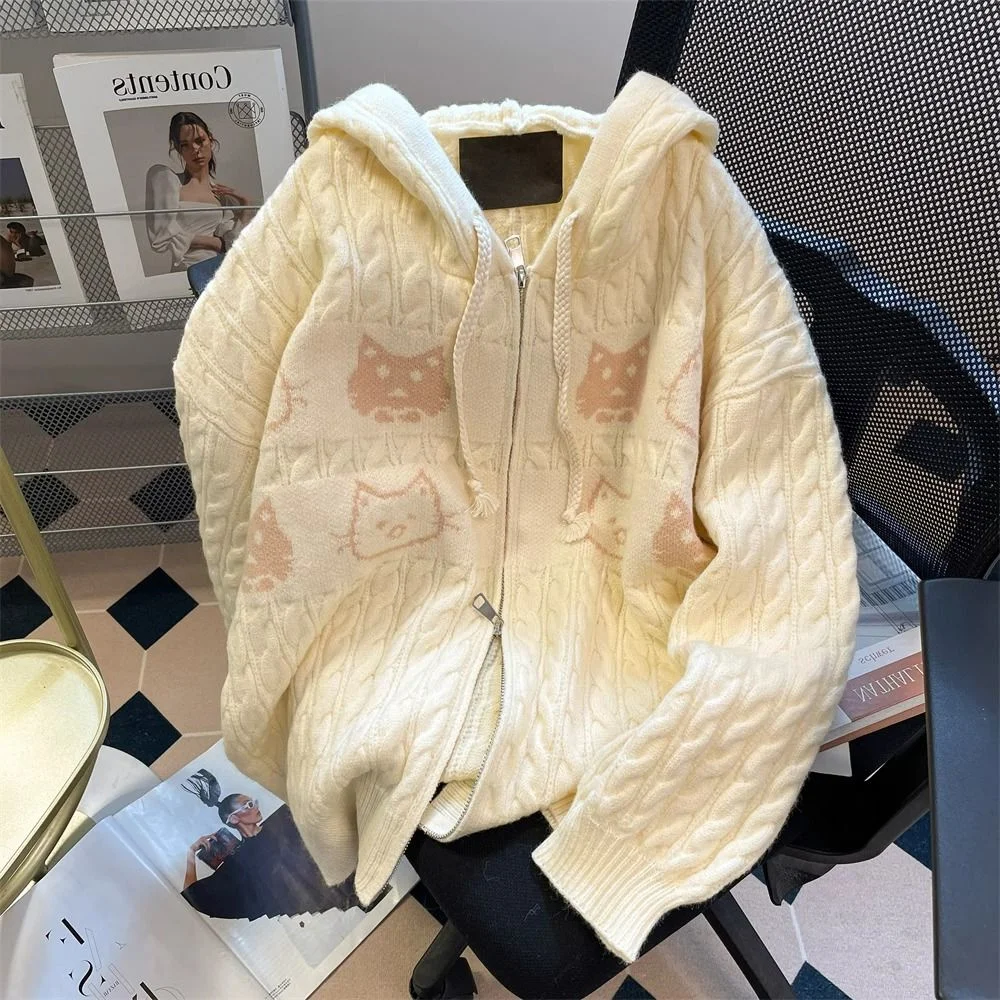 

Extra Large Size Yellow Pattern Knitted Sweater with Hood for Women Autumn Sweet Twist Knit Cardigan Jaet plus Size