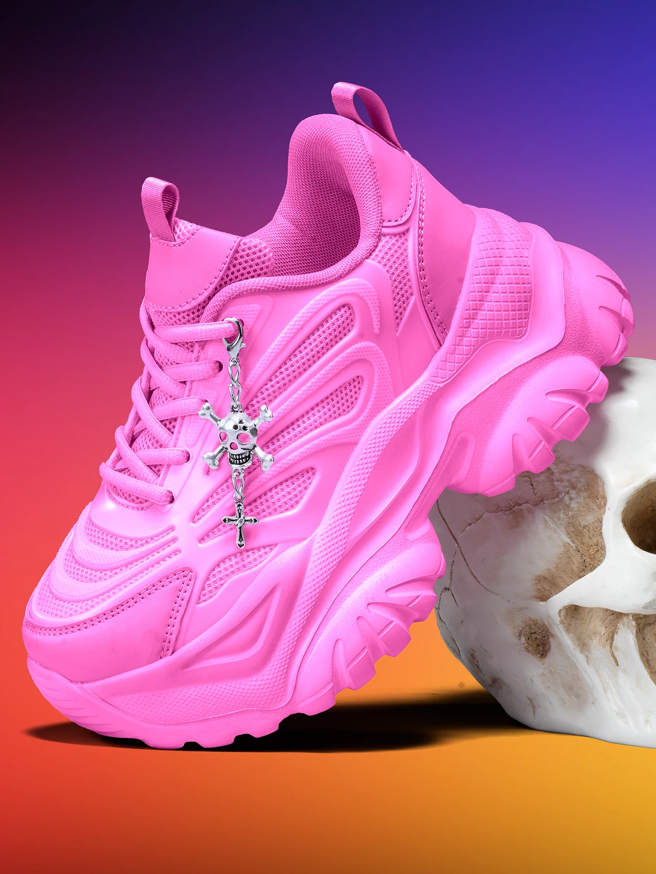 Damen-Outdoor-Allwetter-Modische Dad-Schuhe, Eva-Leichtgewicht-Sneaker mit dicker Sohle und 7 cm Absatzhöhe, orangefarbene Sportschuhe mit abnehmbarem silbernen Kreuz- und Totenkopf-Anhänger im Halloween-Punk-Stil, vielseitig einsetzbar für den täglichen Arbeitsweg und Fitness – Detail 6