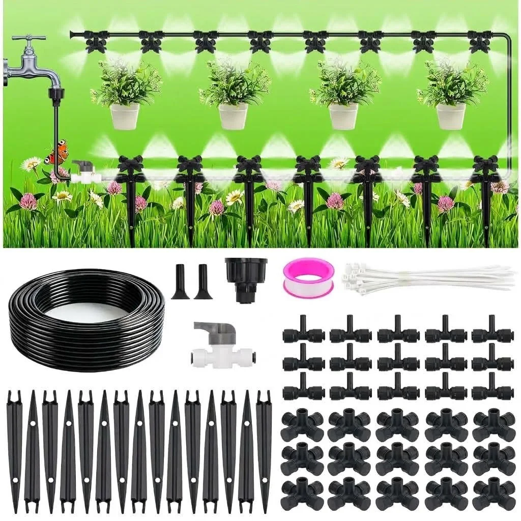 50FT Drip Irrigation System Kit Garden Watering System with Quick Connectors 1/4 inch Drip Tubing and Quick Connect Fittings