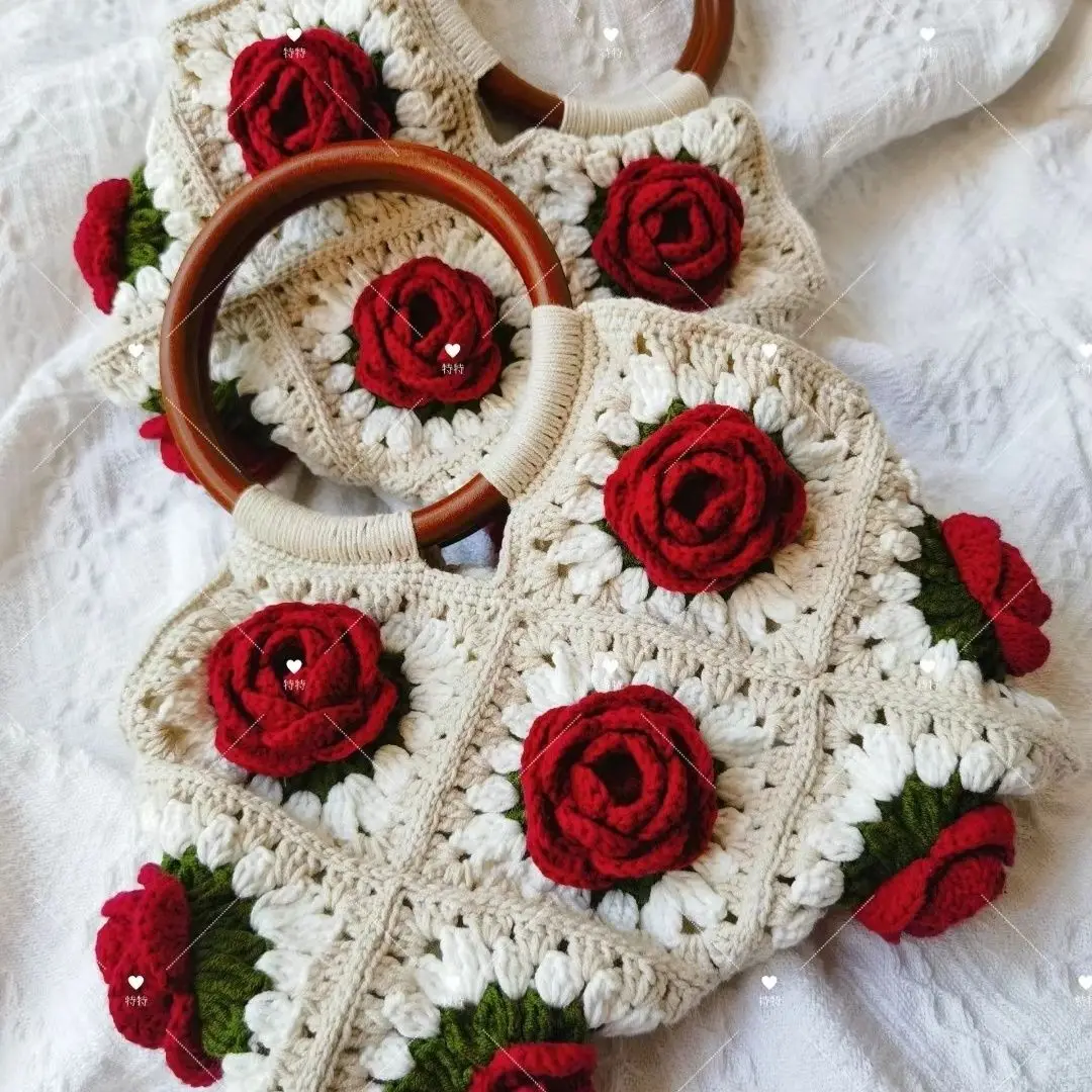 

Finished product) Vintage Rose Handbag DIY 3D Outgoing Pure Handmade Woolen Hook Weaving Wooden Handle Handheld Versatile