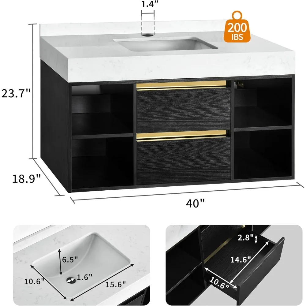 40 Inch Floating Vanity with White Sintered Stone, Ceramic Sink, 2 Drawers and Shelves, Soft-Close Design, Bathroom Vanity