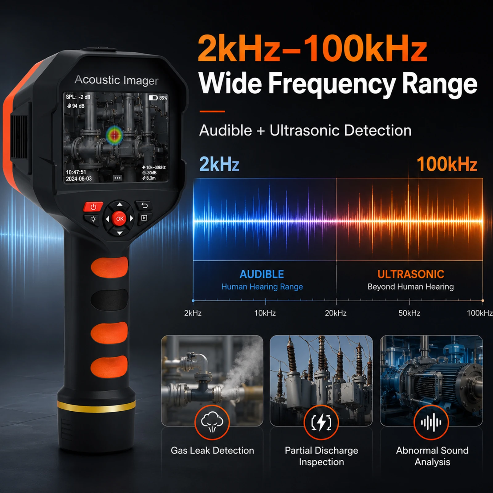 Handheld Acoustic Imager, Ultrasound Leak Detector 2-100kHz Partial Discharge Tester Gas Leak Analyzer w/ 12MP Camera WiFi BT