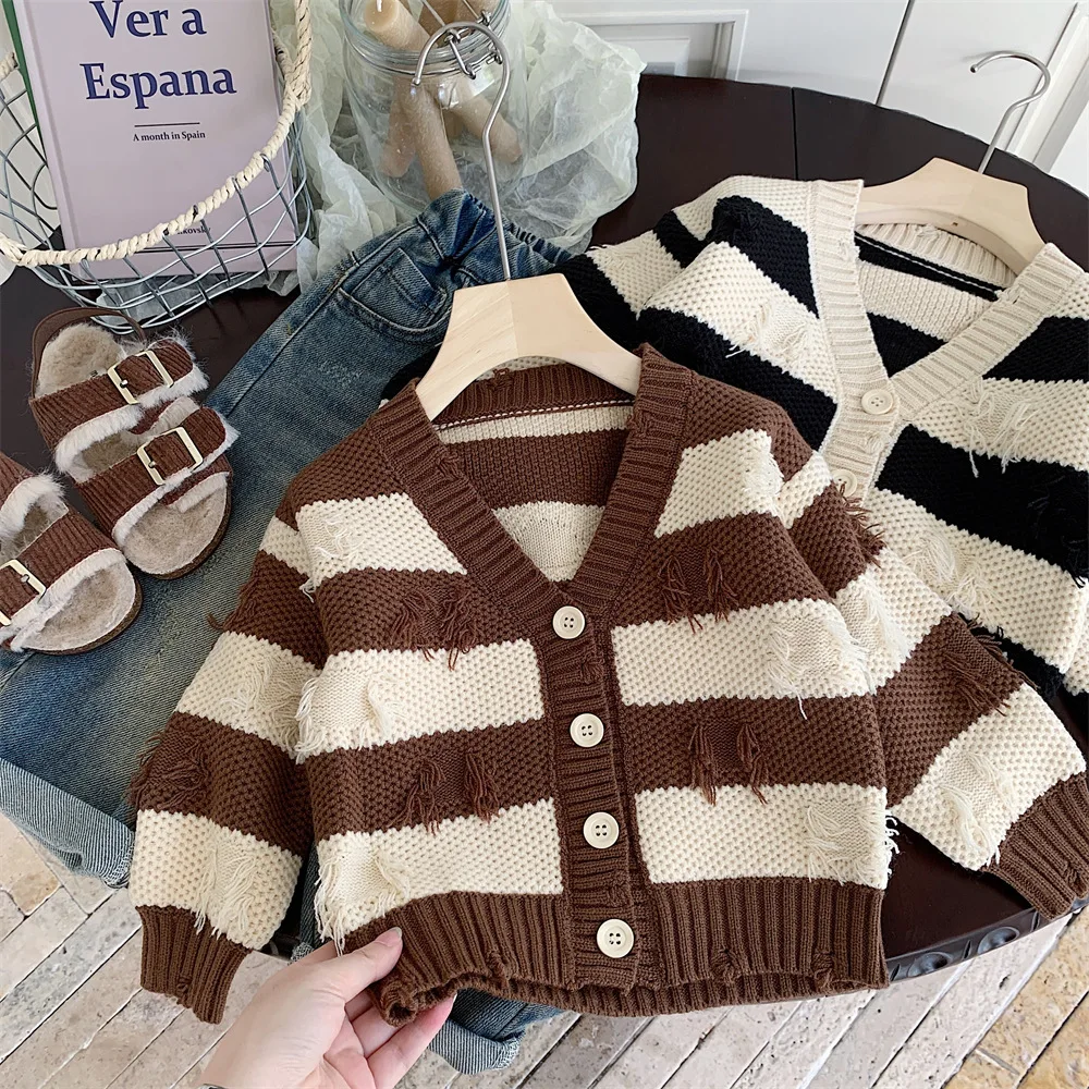 Sweaters Children Sweater Cardigan Autumn New Korean Stripe Knitting Loose Coat Hair Edge Tops Simple 2024 Loose Causal