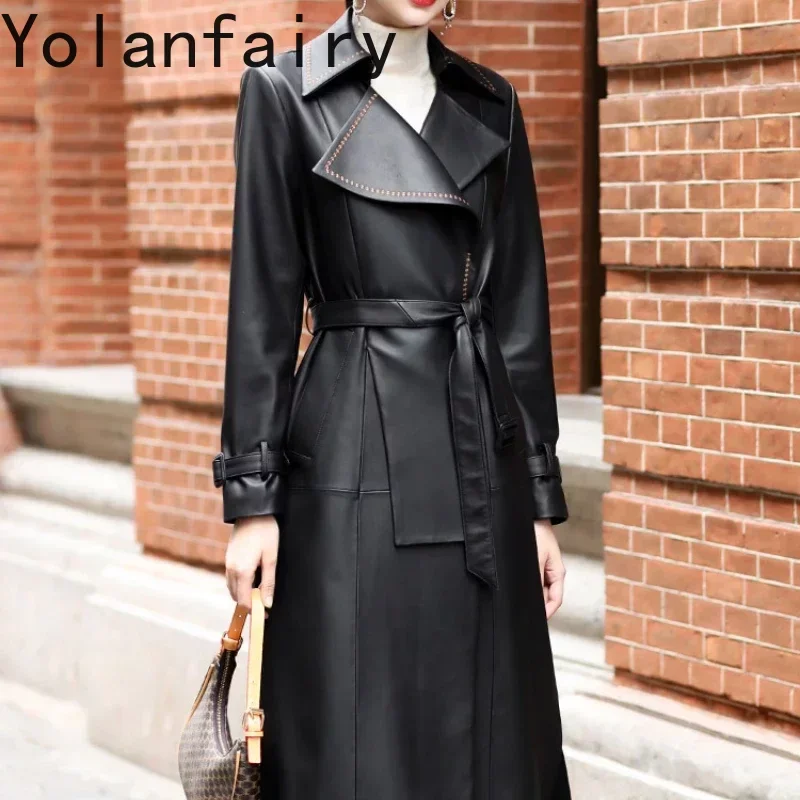 Sheepskin Genuine Leather Jacket Spring Belted Coat Women Clothes Silm Long Jackets Black Female Trenchcoat Casacos Feminos