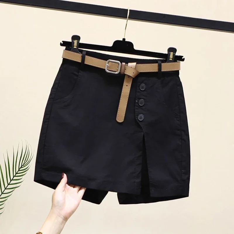 Customization 2025 New Chic Shorts Women Belt Korean Solid Buttons Side Slit A-line Streetwear Fashion Skirts Chic Harajuku Summ view 4
