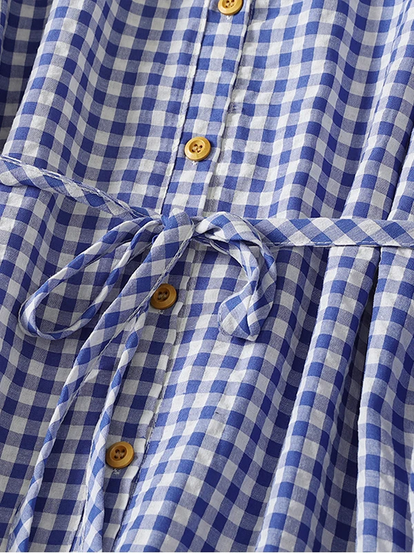 Autumn 2026 Women's Loose Fit Plaid Shirt Dress Long Sleeve Drawstring Pleated Stand Collar A-Line Skirt City Walk Style