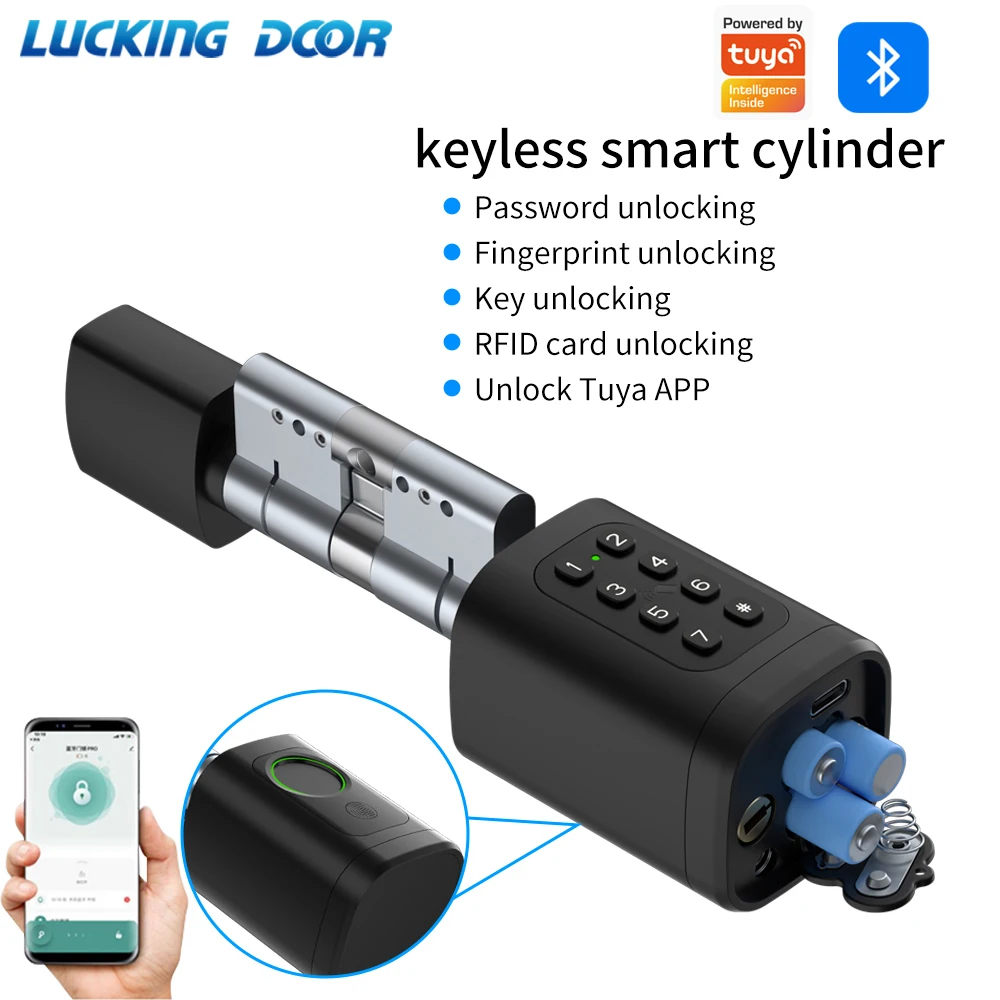 Support Tuya/TTLOCK APP Fingerprint Cylinder Electronic Door Lock Digital Keypad Code Key Card Remote Control Adjustable 60-90mm