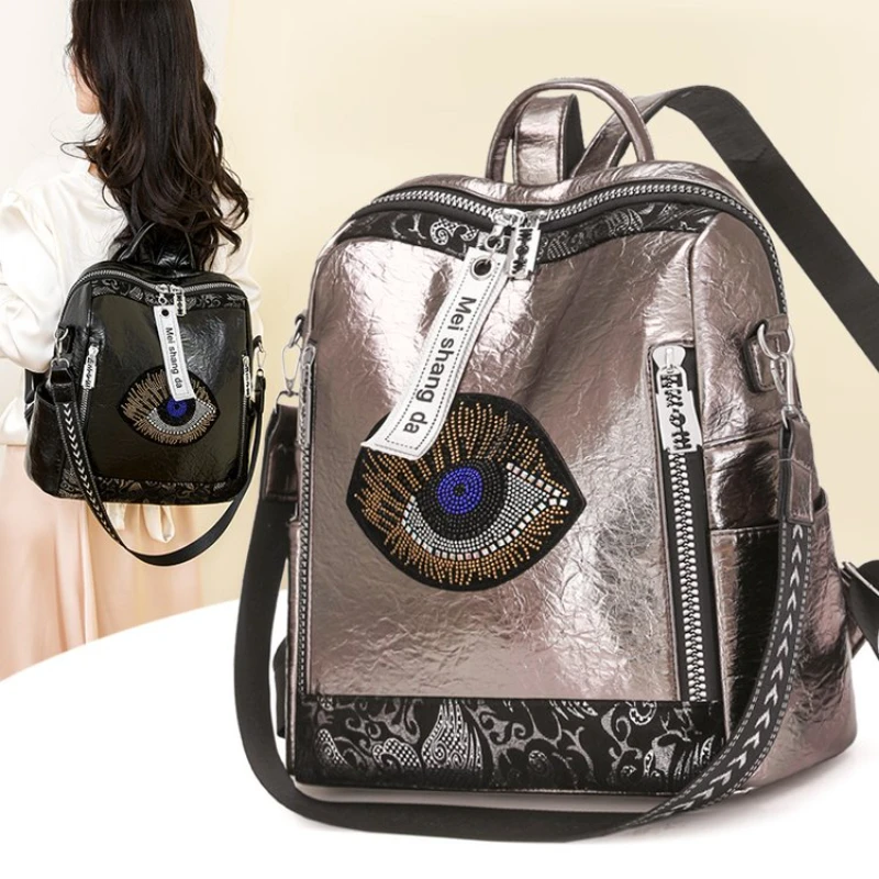 New Women's Waterproof Backpack Fashion PU Travel Backpack Rhinestone School Bag Mochila Para Viaje Backpack Sac A Dos golden ey