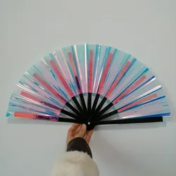 Reflective Gradient Colorful Laser Colors Hand Fan PVC Bamboo Handle Folding Hand Large Size Dancing Fan Photography Prop