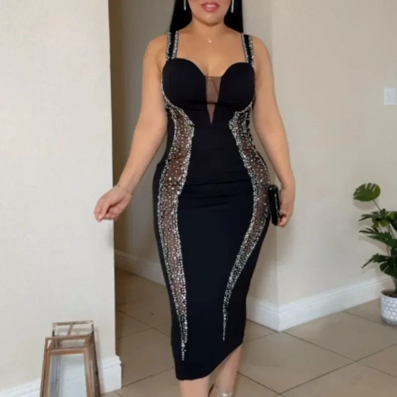 Sexy Spaghetti Band V-hals Bandage Bodycon Jurk Vrouwen Elegante Mesh Patchwork Diamanten Cocktail Party Jurken Vestidos Midi