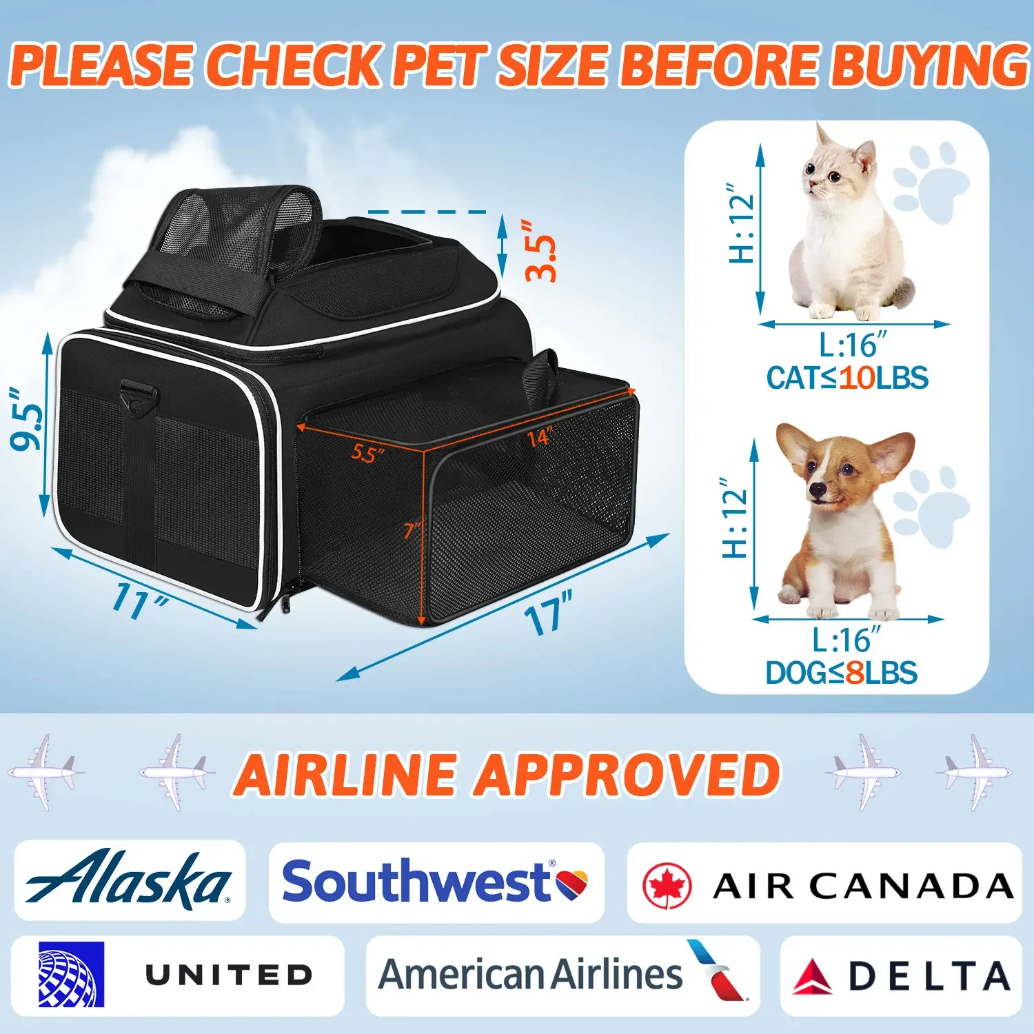 Petskd Top and Side Expandable Pet Carrier Southwest Alaska Airline Approved Soft Small Dog Cat Carrier Bag with Locking Zipper