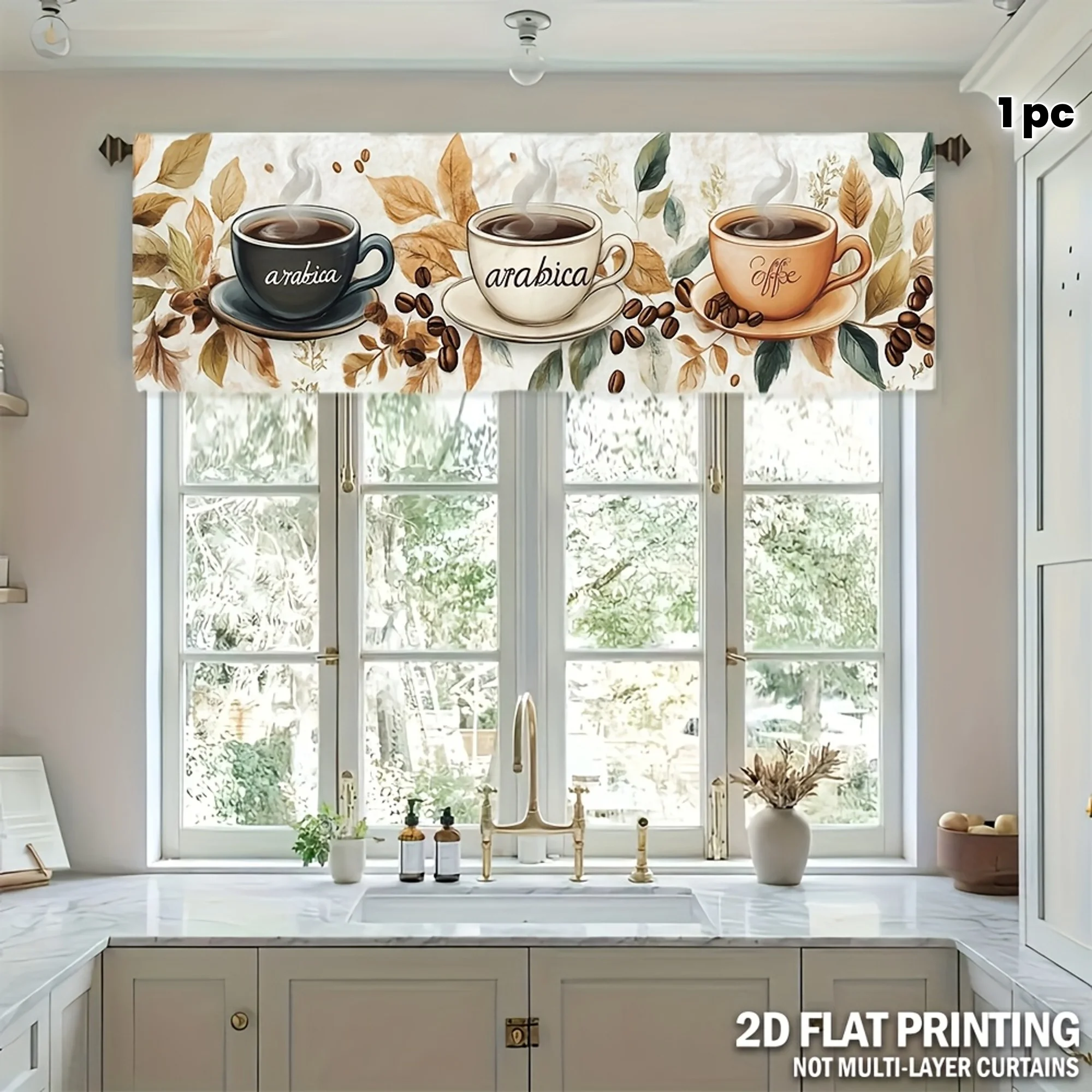 

Современная короткая оконная занавеска с дизайном кофейной чашки, 1 шт., полиэстер, можно стирать в машине, карман для стержня для кухни, гостиной, спальни