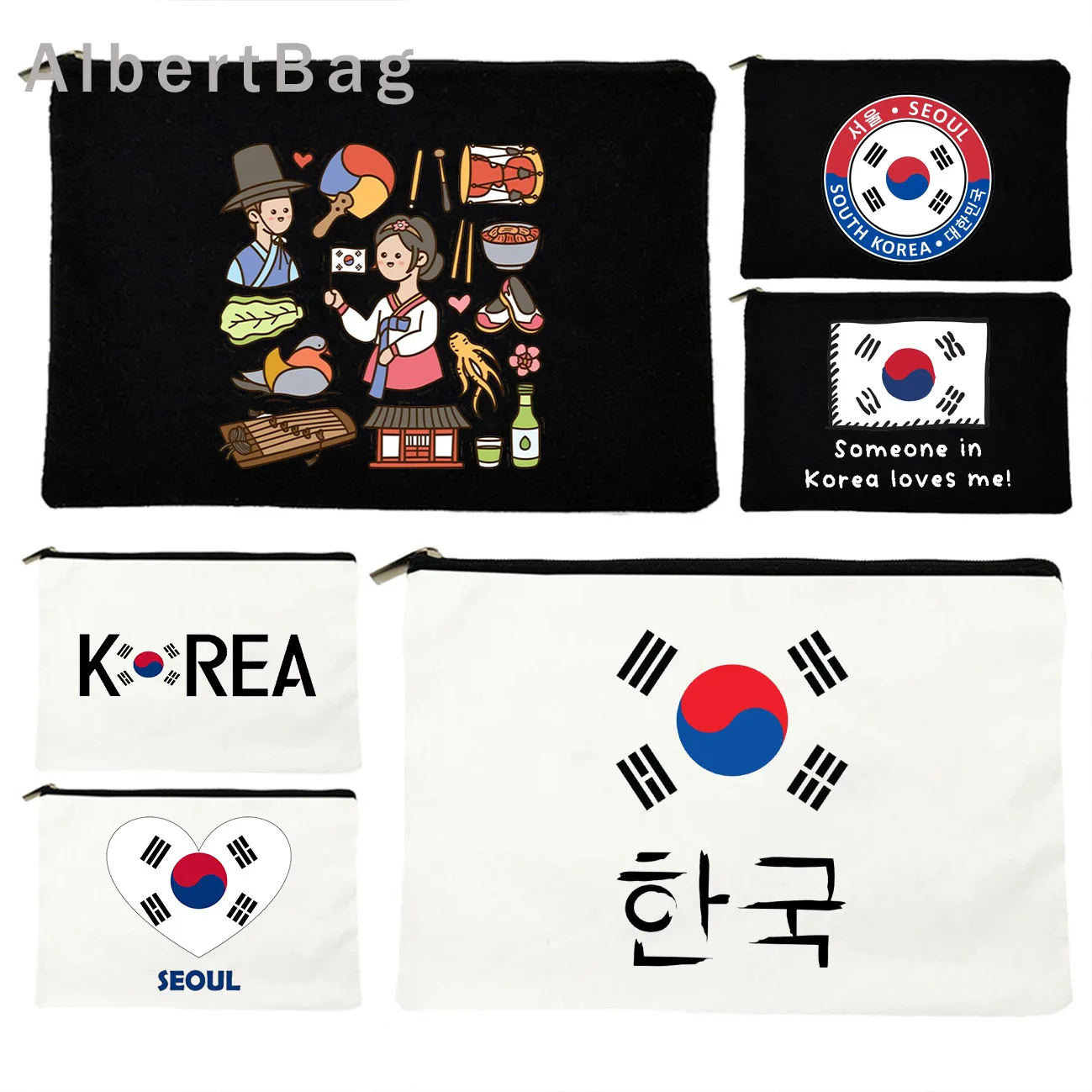 

South Korea Shaka Hand Flag Korean Heart Seoul KPOP Lover Gifts Canvas Cosmetic Bags Makeup Toilet Bags Pencil Case Zipper Pouch