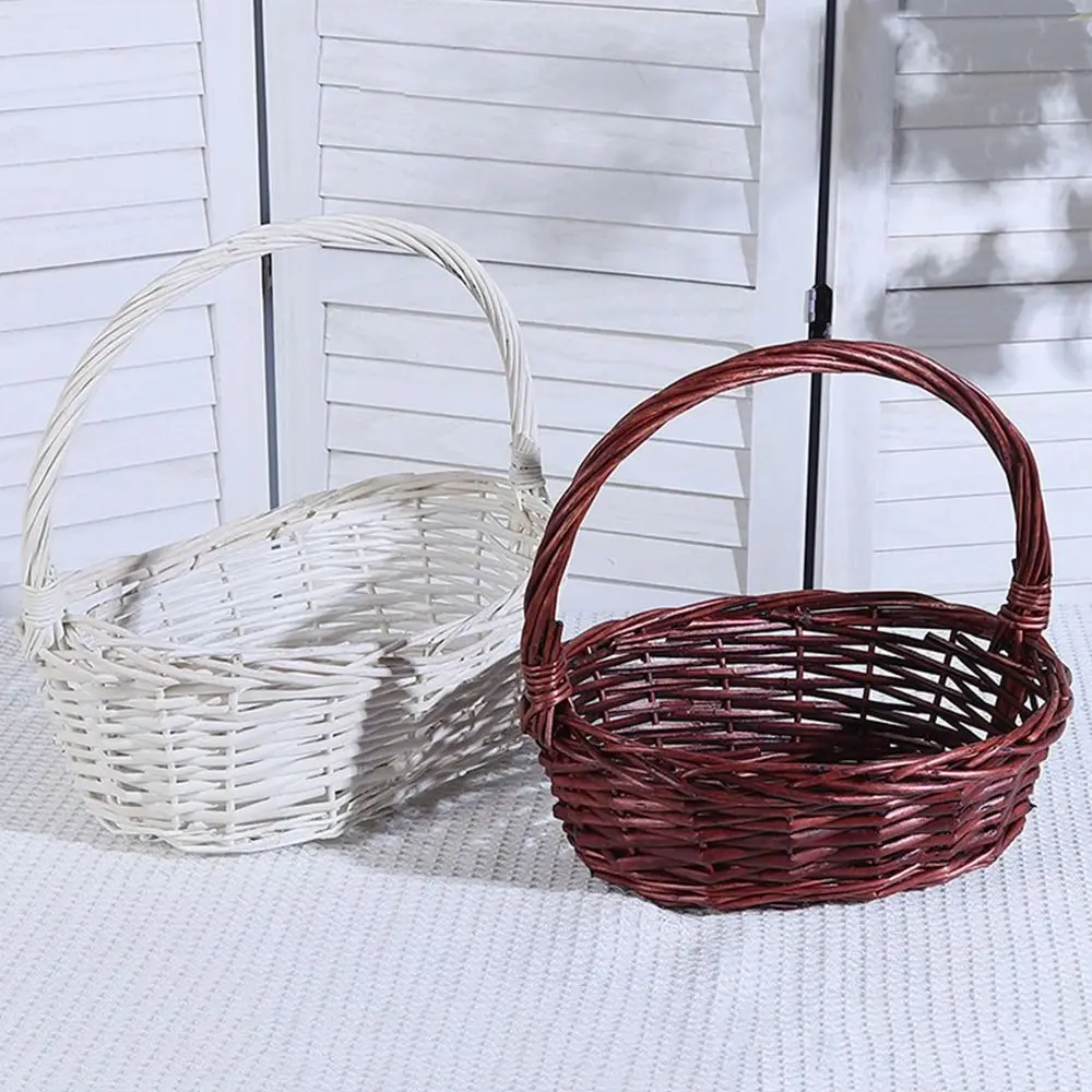 Convenient Brown White Handhold Weaving Basket Oval Weaving Braided Basket With Handle Storage Baskets Home Storage