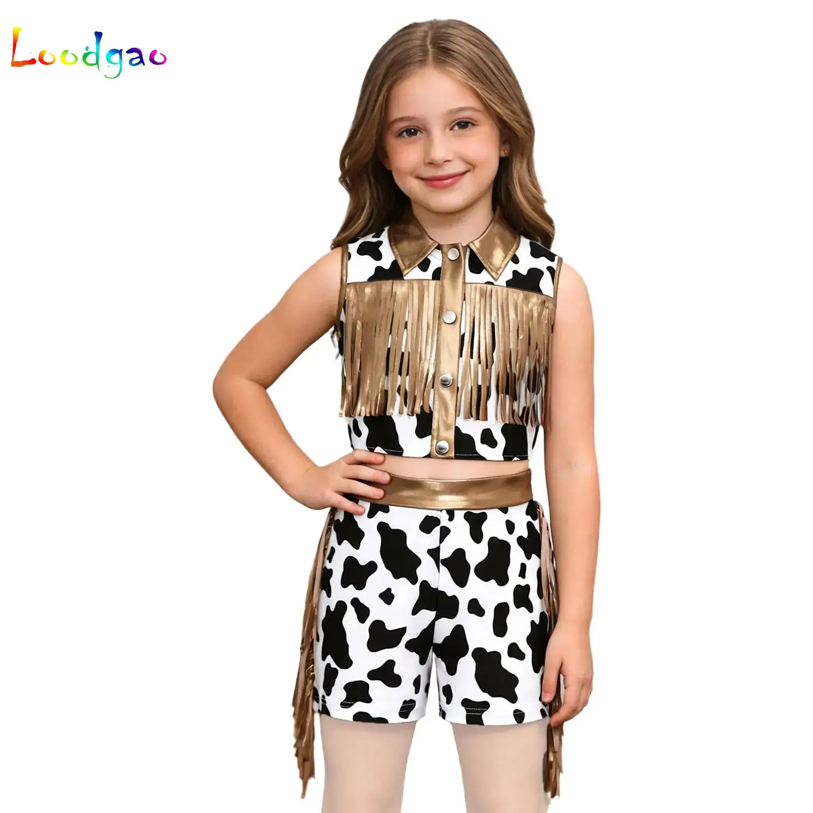 

Big Girls Halloween Western Cowgirl Cosplay Costume Set Metallic Tassel Crop Top with Shorts Outfits for Carnival Performance