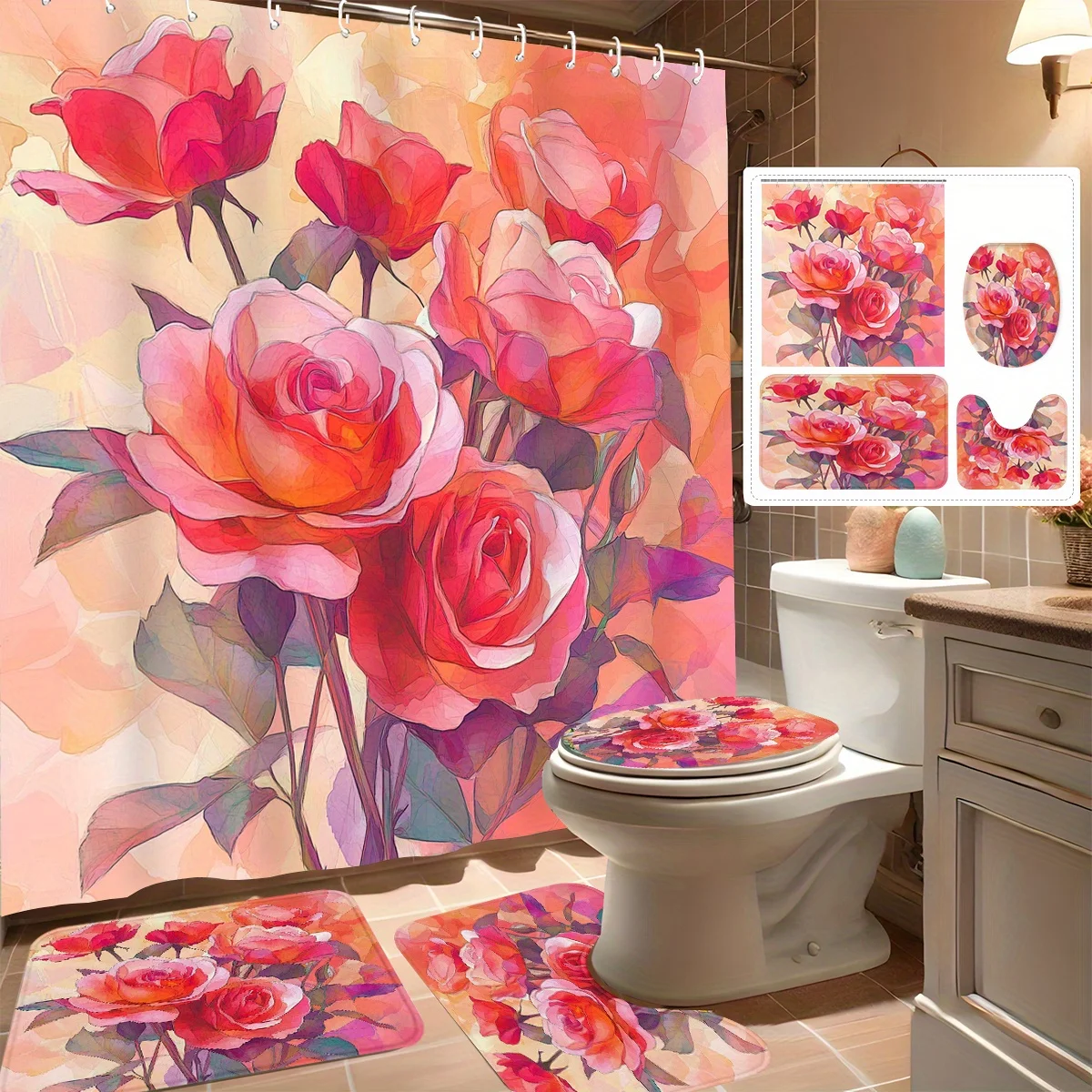 

Набор из 4 занавесок для душа, романтический арт-дизайн розы, современный декор для ванной комнаты, в комплект входит 12 крючков, нескользящий коврик для ванной, U-образная форма