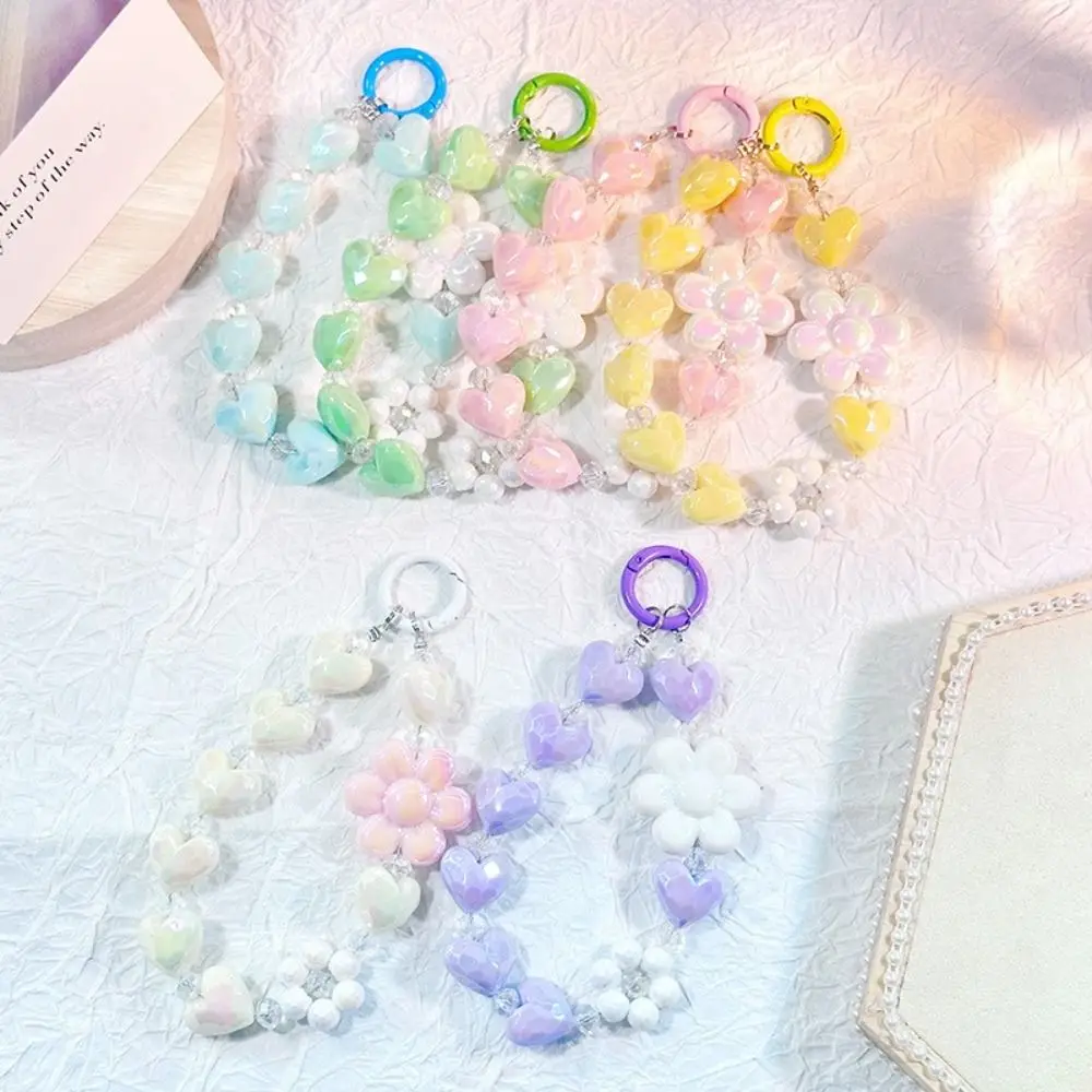 Heart Colorful Phone Lanyard Flower Keychain Keychain Pendant Colored Round Bead Bling Bling Crystal Phone Anti-lost Rope