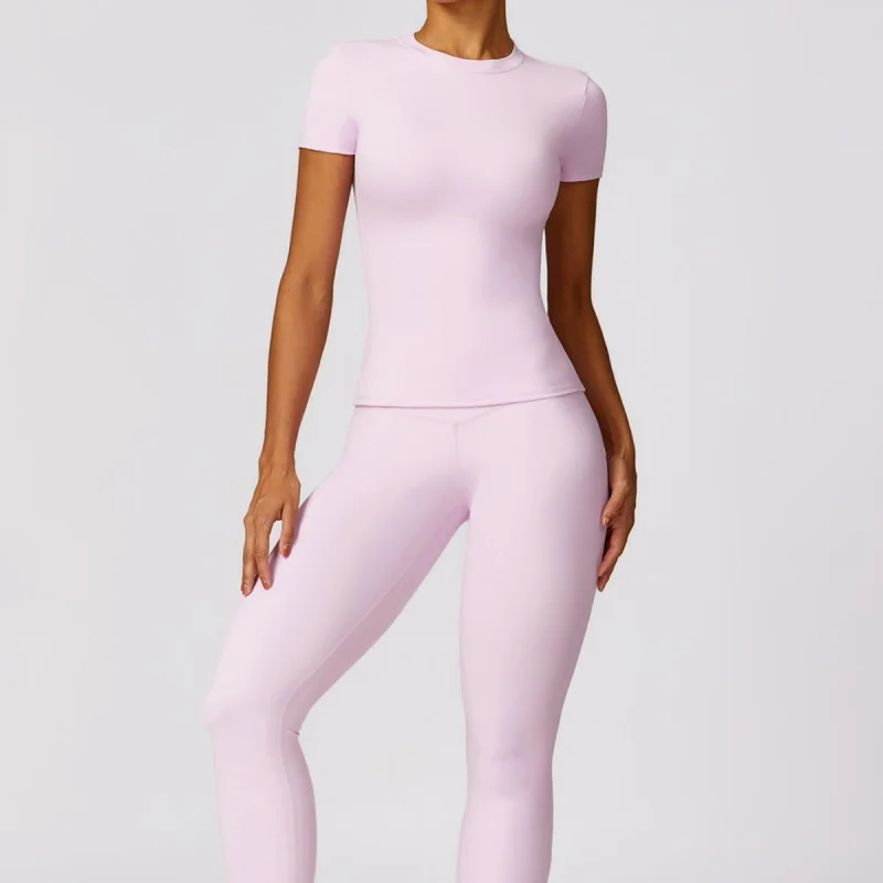 -Chemise femme séchage rapide Yoga entraînement en plein air course sport col rond serré minceur manches courtes coupe ajustée pantalon costume