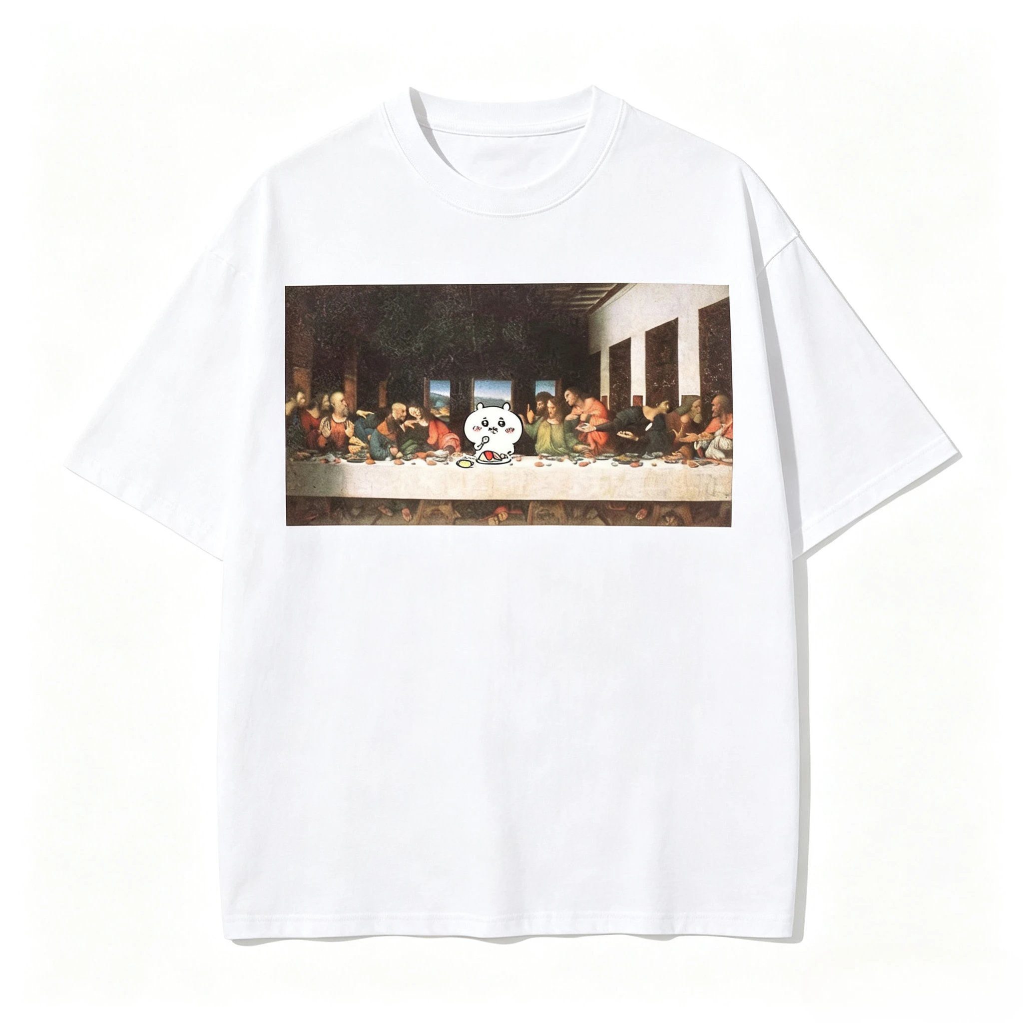 Chiikawa Last Supper Meme Graphic Tee Unisex Funny Art Parody Short Sleeve Loose Streetwear Tops