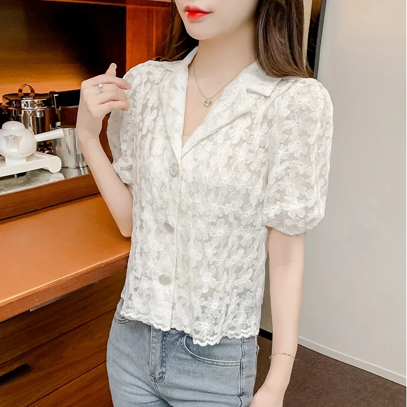 Elegant Hollow Out Lace Blouses Women 2024 Fashion White Casual Tops Mujer Korean Style See Through Puff Sleeve Summer Shirts