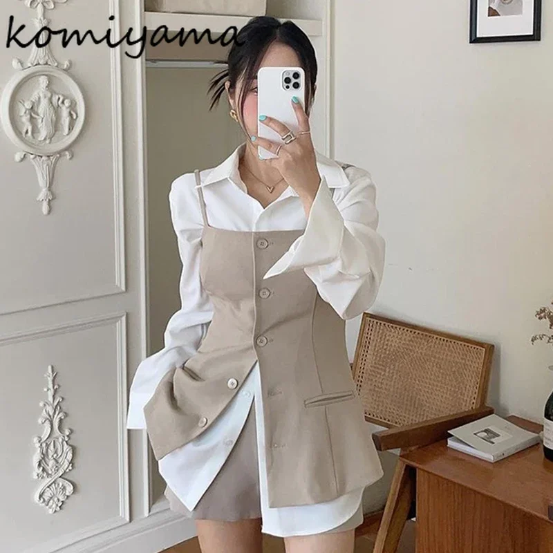 Komiyama Turn Down Collar Blusas Mujer Long Sleeve Shirts Blouses Single Breasted Camisas Korean Simple Shirt Tops with Vest