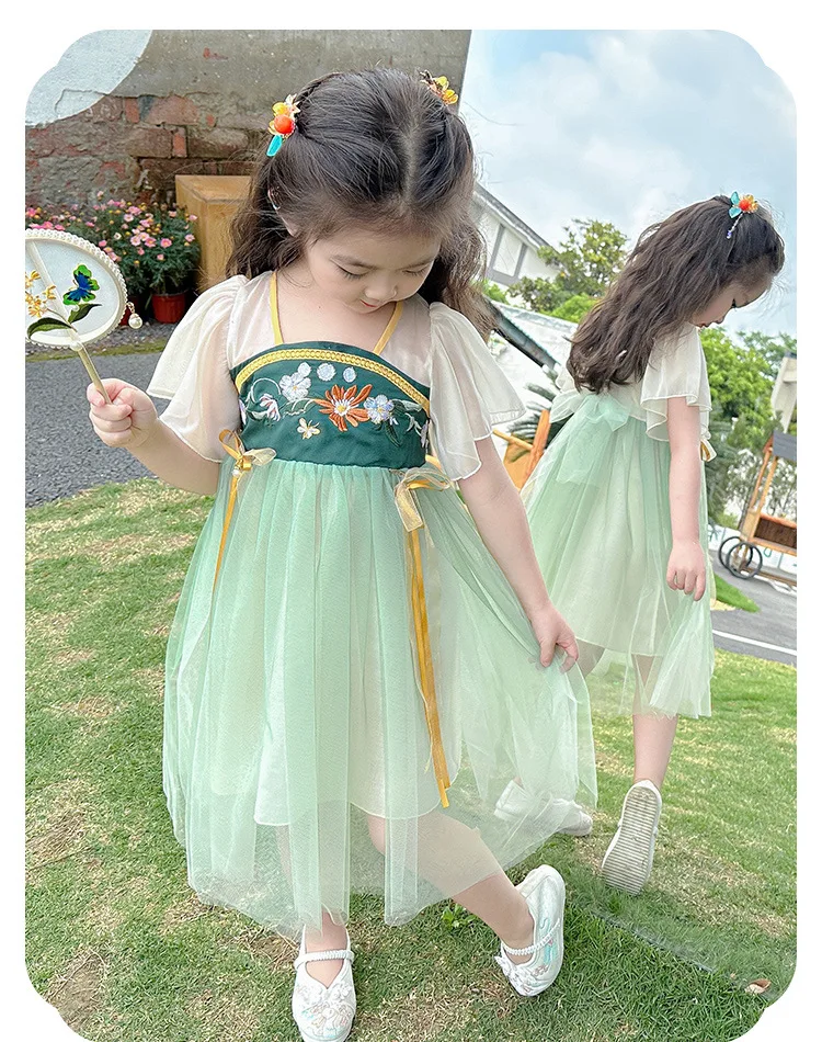 Chinese Style Summer Dress for Girls Baby Casual Dress Girl Princess Birthday Party Vestidos Hanfu Mesh Perform Evening Dresses