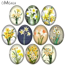 Beautiful Narcissus Flower Art Paintings 10pcs 13x18mm/18x25mm/30x40mm Oval photo glass cabochon demo flat back Making findings