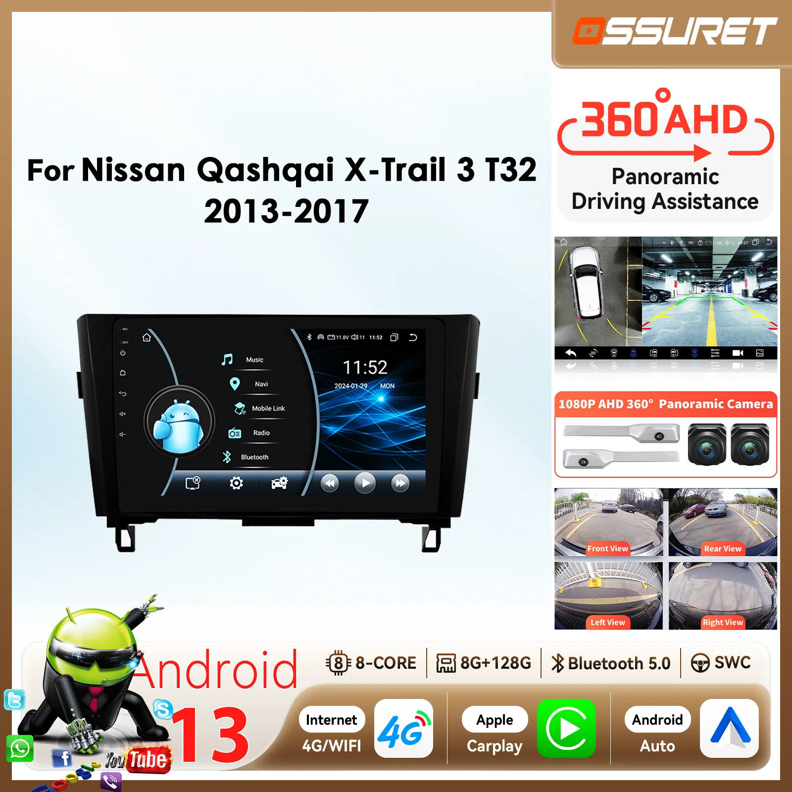 

10,1-дюймовый автомобильный радиоприемник Carplay Android для Nissan Qashqai X-Trail 3 T32 2013-2017, авторадио, мультимедийный плеер, камера 360, 8 ядер-8581