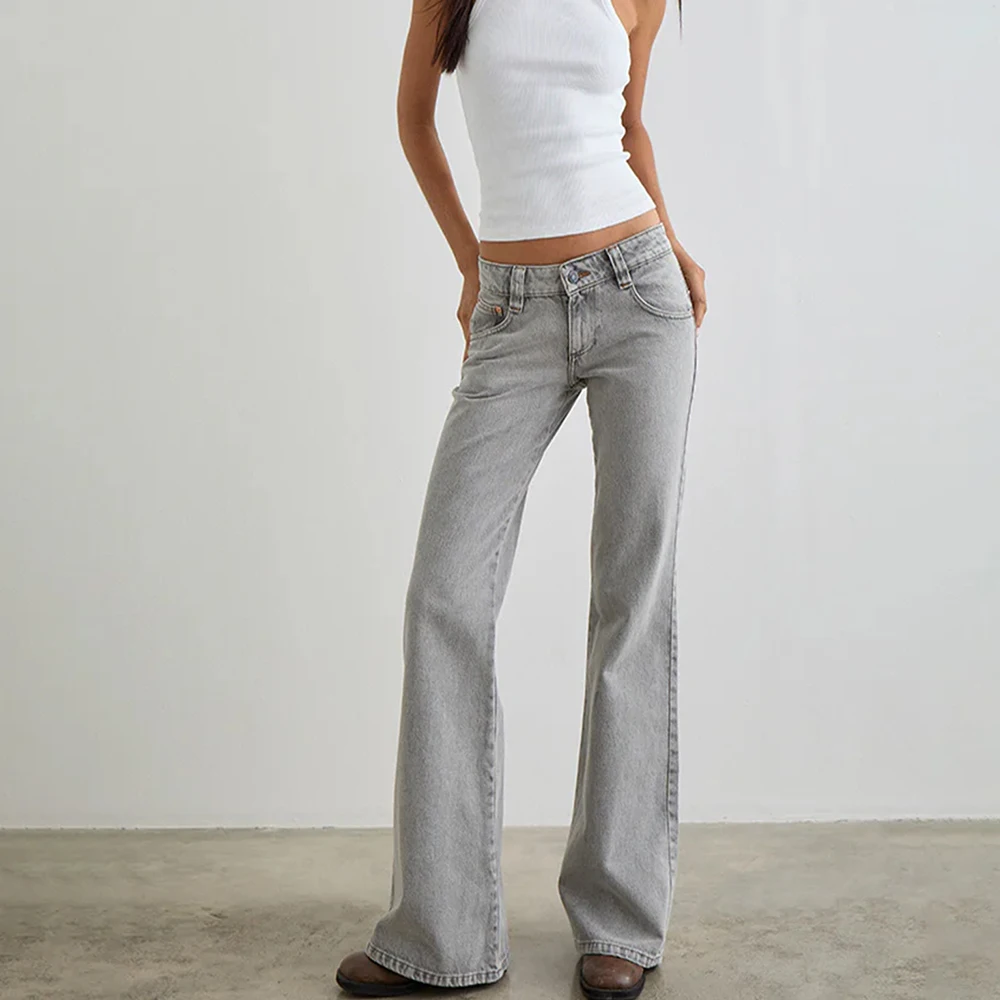 Jean rétro Harajuku taille basse pour femmes, jambes larges, Vintage Grunge, couleur unie, Baggy évasé, pantalon Streetwear, été, Y2K