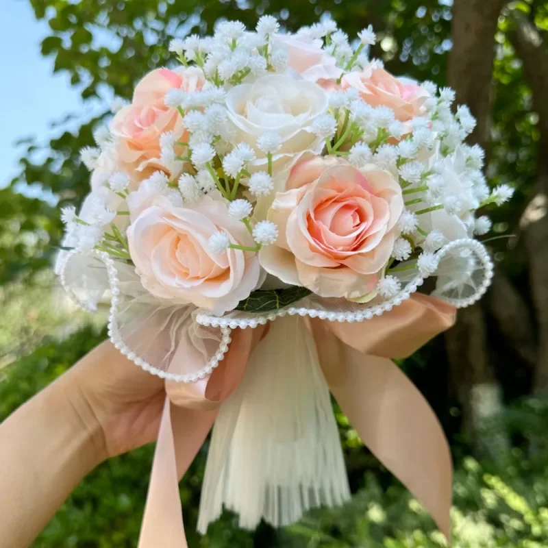 Buket pernikahan untuk pengantin Babysbreath Rose Bridesmaid pita sutra Dekorasi Hari Valentine hadiah bola jala renda mutiara