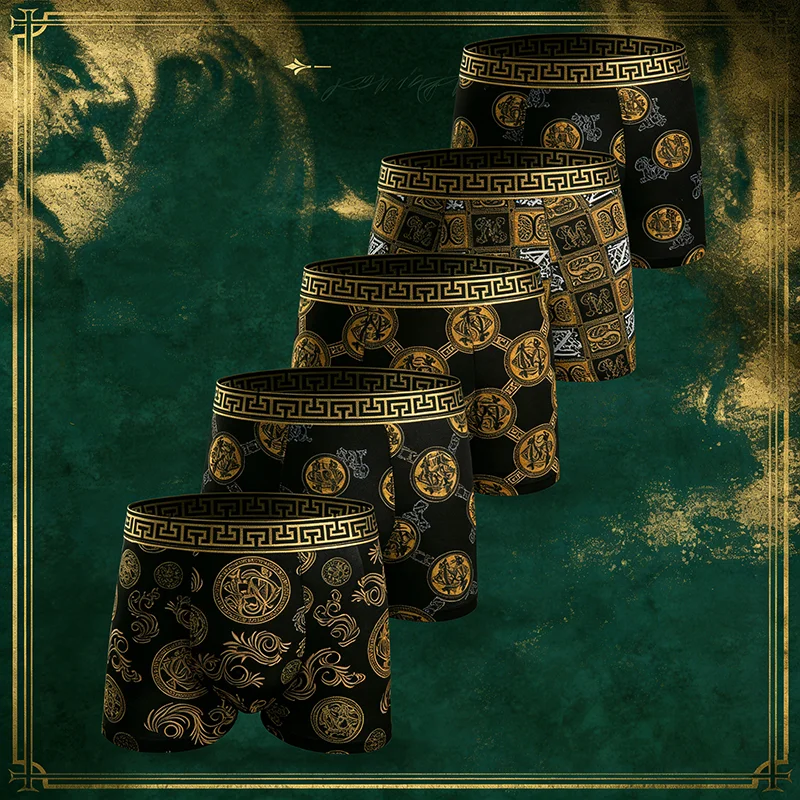 

Мужские трусы-боксеры класса люкс с золотым принтом, 5 шт., с ретро-греческим узором на поясе, дышащие, эластичные, повседневные, модные