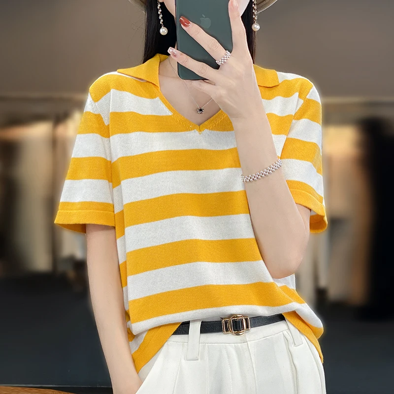 

Summer New 100% Cotton Women's Loose Fashion Splice Sweater T-shirt Short Sleeve Polo Pullover T-shirt Korean casual knit top