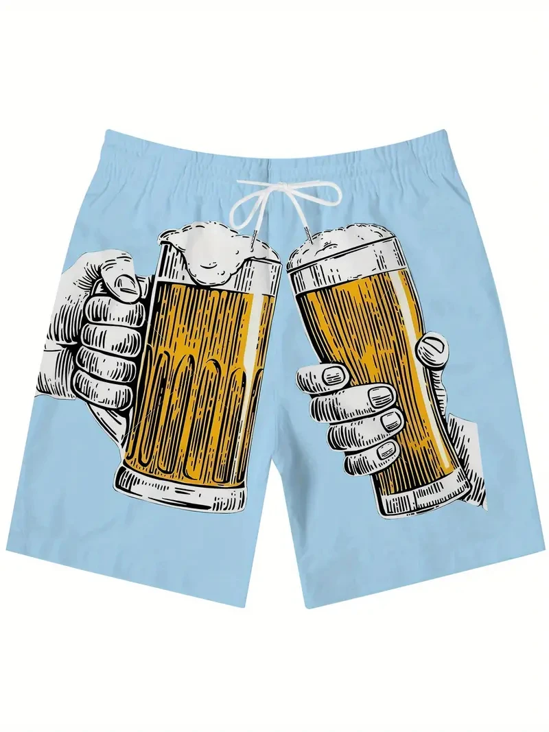 

3d Beer Print Men's Swimsuit Street Hip Hop 2025 New Casual Beach Shorts Men's Summer Swimming Shorts Drawstring Casual Trunks