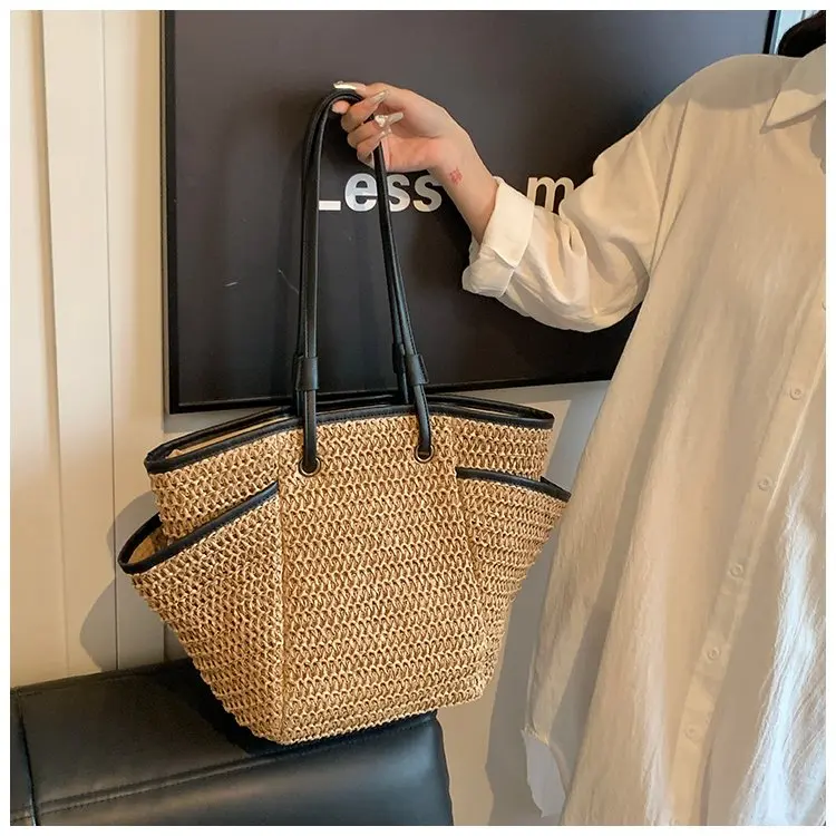 

Jute Blend Large-Capacity Beach Bag‌ – 2025 Summer Casual Shoulder Tote, Multi-Pocket Wind Woven Design for Seaside/Shopping/Gym